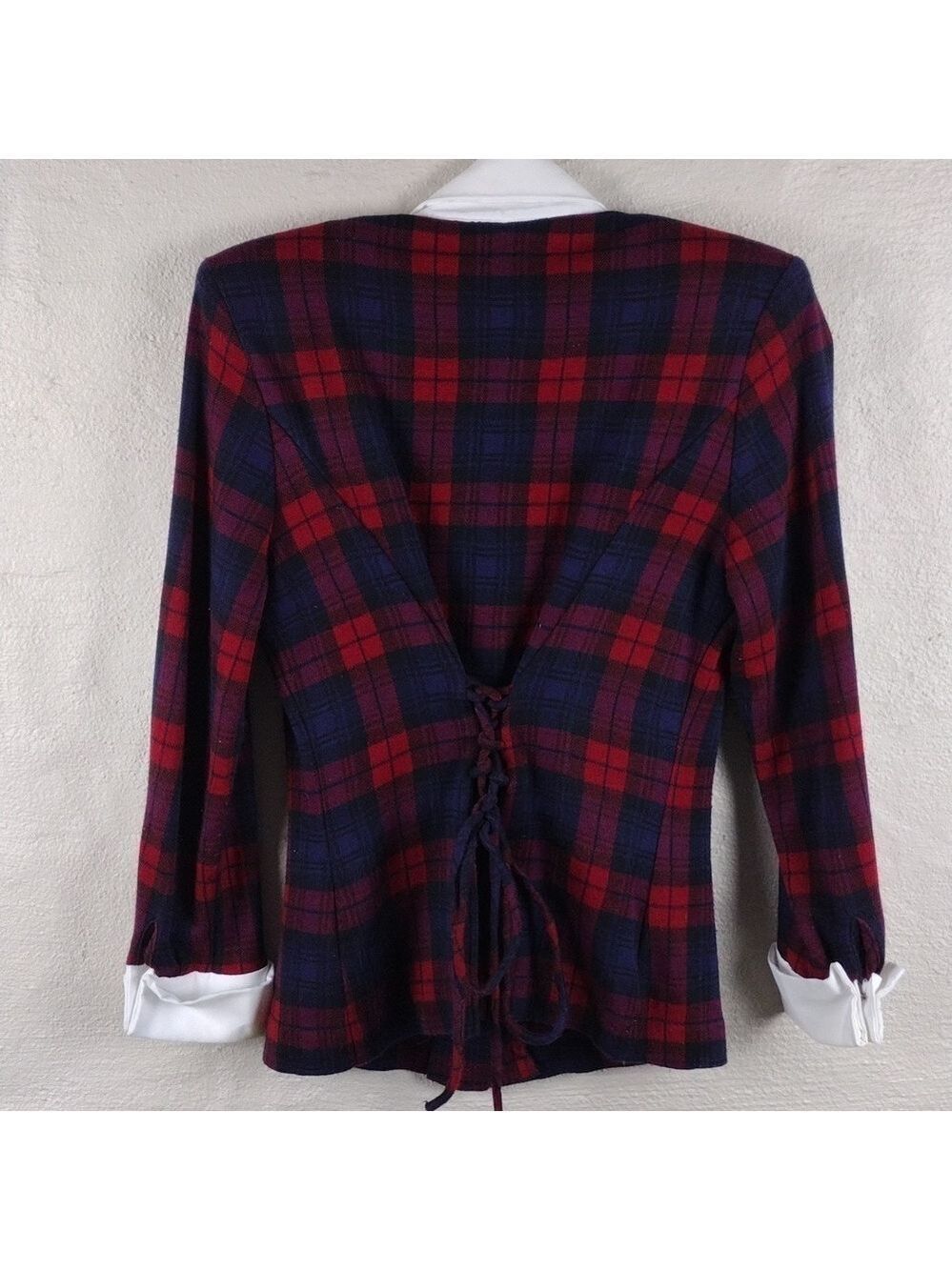 D.B.Y. Red Blue Tartan One Notched Button Long Sleeve Elastic Pull On Skirt Set - Picture 6 of 16